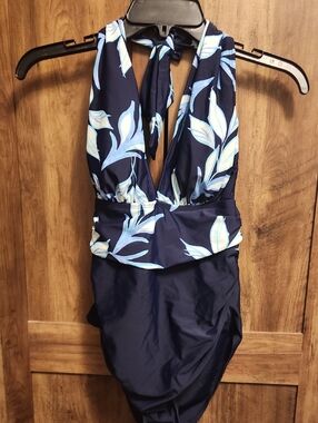 Cupshe Navy One-Piece Halter Top Swimsuit with Light Blue Leaf Print